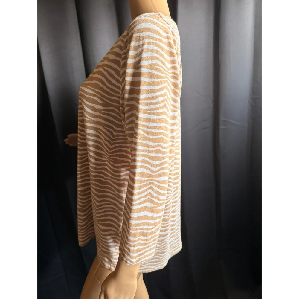 Michael Kors Women 1X Tan White Zebra Print V-Neck Long Sleeve Top Logo Bar Chic